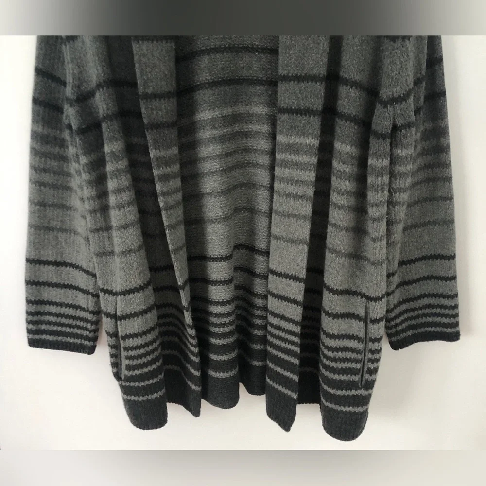 J Jill Wool Modal Blend Women's Gray Striped Long Open Front Cardigan Pockets L